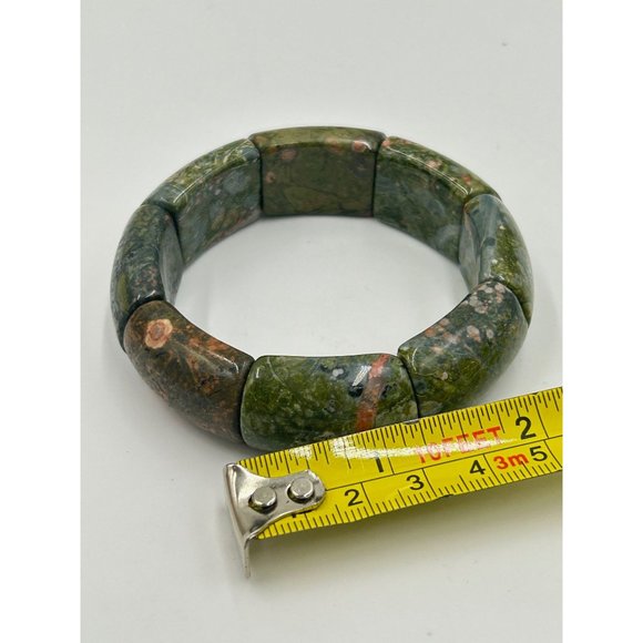 Vintage Green Semiprecious Stone Bracelet Elastic Stretch One Size Chunky Bangle - Picture 7 of 8
